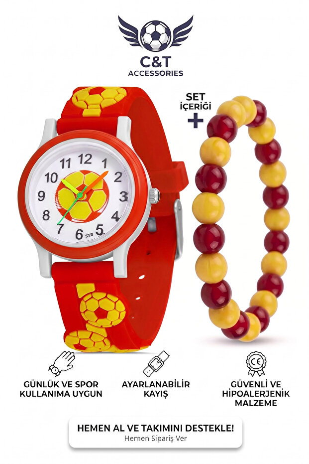 Analog Yellow Red Fan Children's Wristwatch with Tutorial Dial - Includes Wristband as a Gift