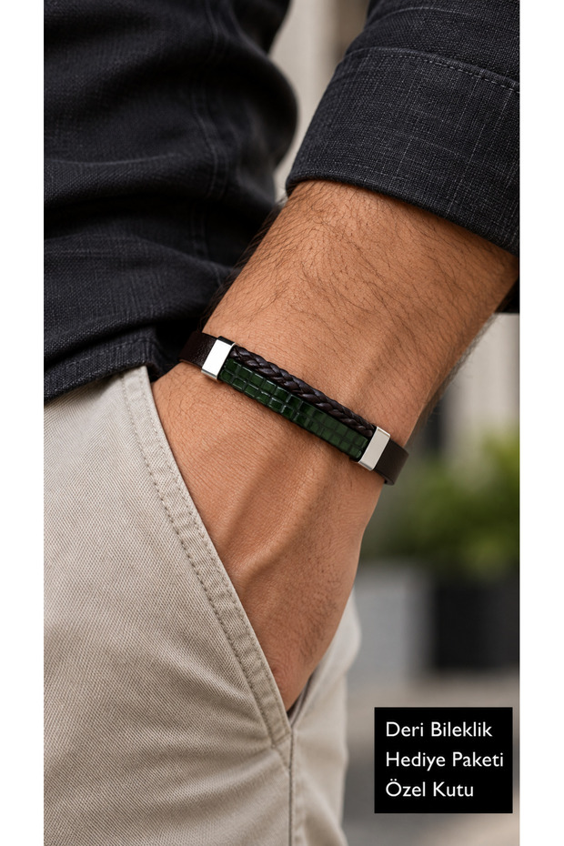 Bravello Forestline Black Leather Men's Bracelet - Dark Green Braided Layer