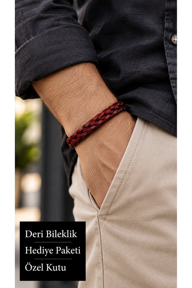 Vordelio Redplait Red Leather Men's Bracelet - Wide Double Braided Textured Design