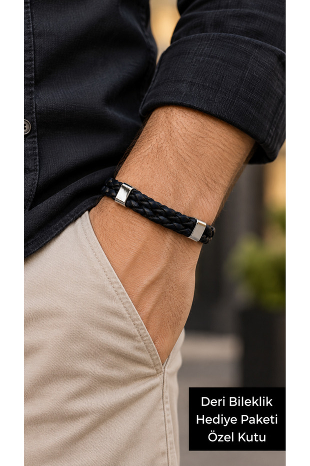 Mervelio Shadowbraid Black Leather Men's Bracelet - Double Braided Design with Metal Accents