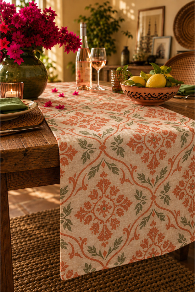 Terracotta Garden |   Mediterranean Inspired Terracotta and Green Floral Patterned Decorative Table Runner |   Cream Floor Botanical Design