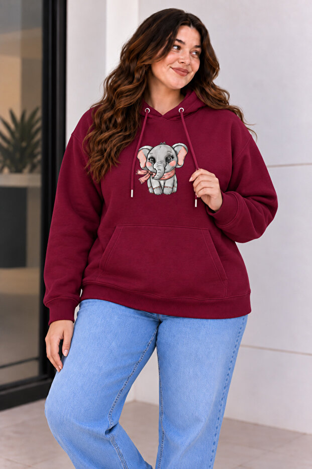 Women's Plus Size Oversize Elephant Print Hooded Sweatshirt 3 Thread Comfortable Fit Casual Hoodie with Kangaroo Pocket