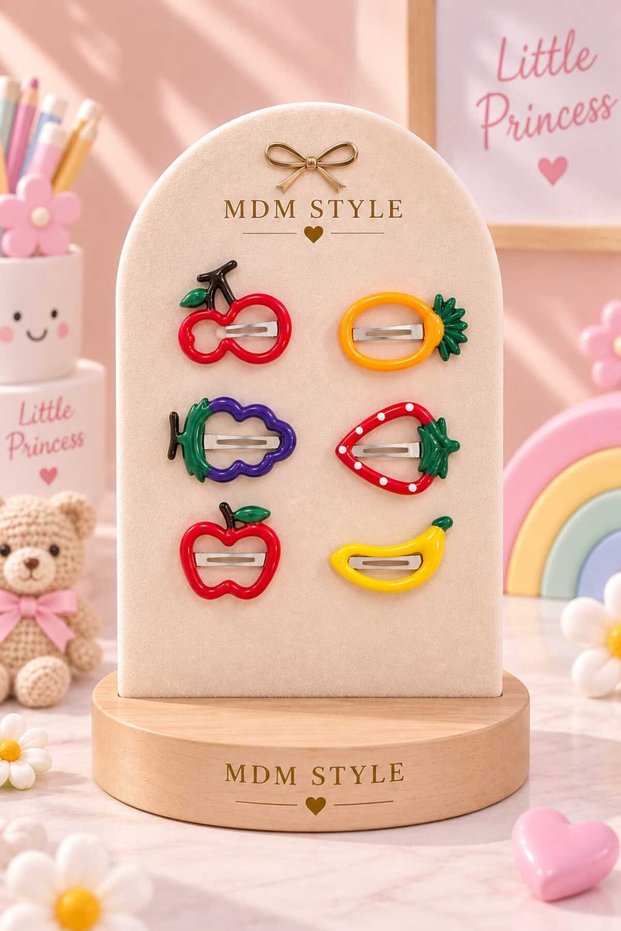 6-Piece Children's Fruit-Shaped Snap Clip Set – Cherry, Strawberry, Apple, Banana, and Colorful Hair Clips