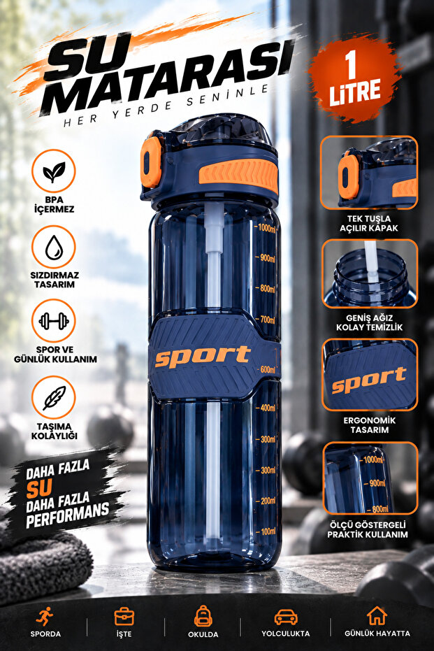 Sports Water Bottle 1Lt Large Size Water Bottle with Leak-Proof Lid and Measurement Indicator