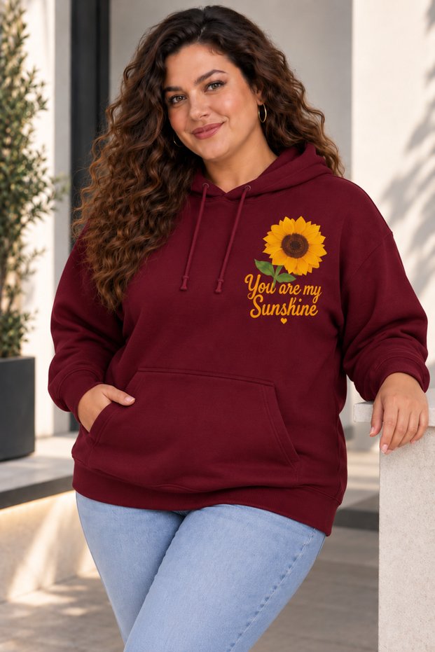 Women's Plus Size Oversize Sunflower Printed Hooded Sweatshirt 3 Yarn Comfortable Fit Casual Hoodie with Kangaroo Pocket