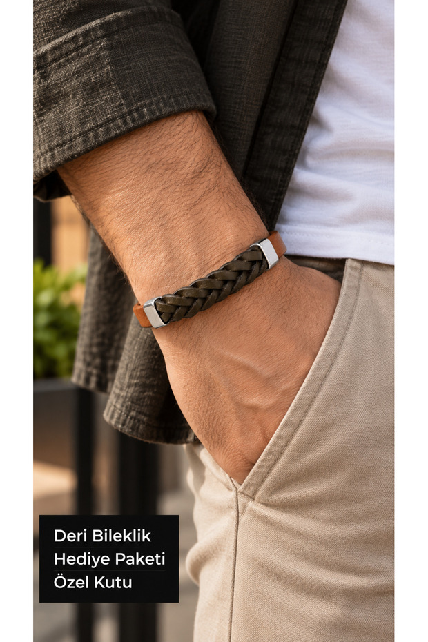 Ferlano Mossband Brown Leather Men's Bracelet - Khaki Thick Braided Detail