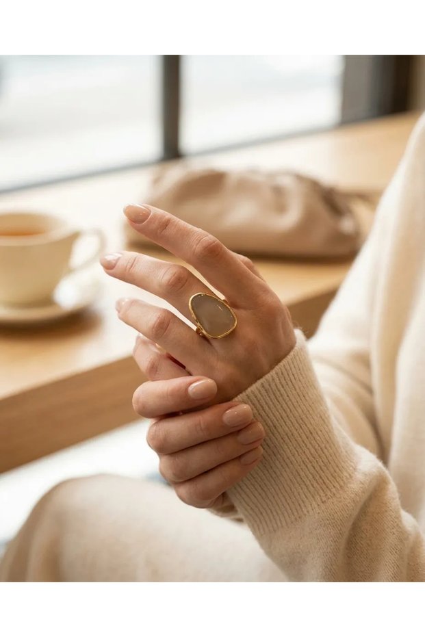 Natural Stone Ring Authentic Jewelry 316L Gold Steel Milky Chalcedony Stone Front Adjustable Vintage Women's Y