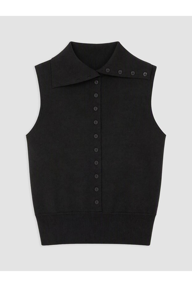 Black Shirt Collar Women's Knitwear Vest