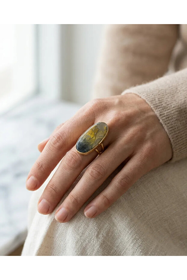 Natural Stone Ring Authentic Jewelry 316L Gold Steel Bumblebee Jasper Motivational Stone Front Adjustable V