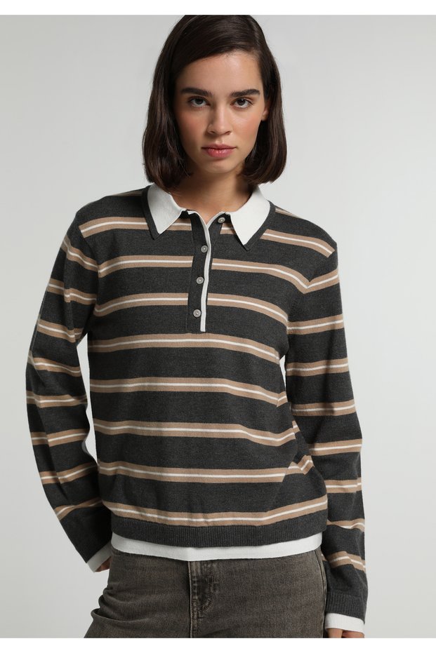 Regular Fit Polo Collar Striped Women's Multicolor Sweater