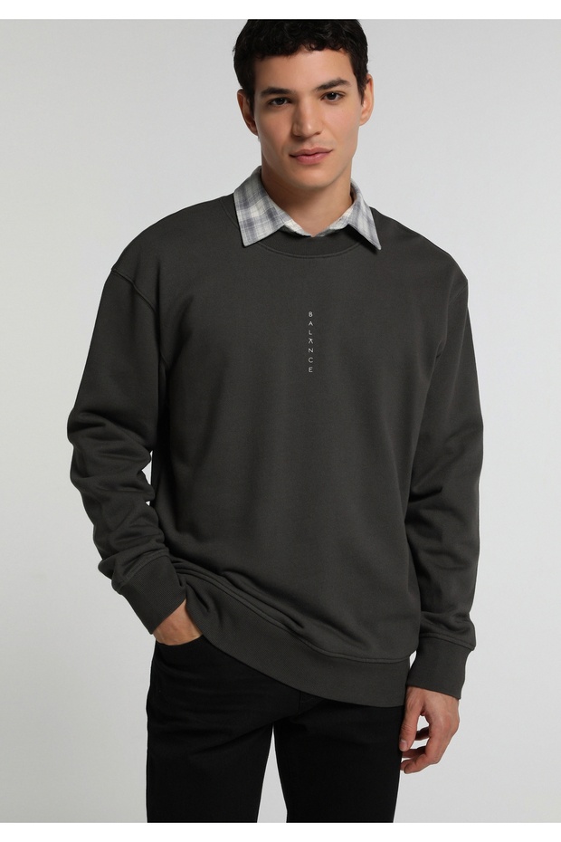 Relaxed Fit Round Neck Plain Men's Anthracite Sweatshirt