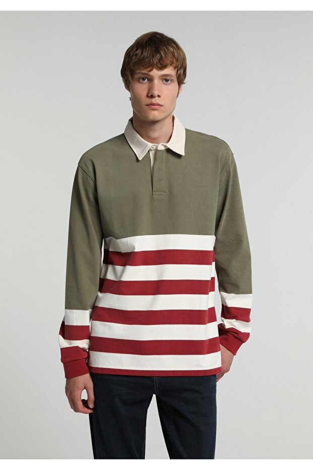 Relaxed Fit Polo Collar Plain Men's Green Long Sleeve T-Shirt
