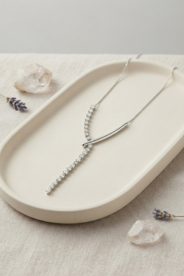 Brass Silver Color Zircon Stone Asymmetrical Bar Model Women's Necklace