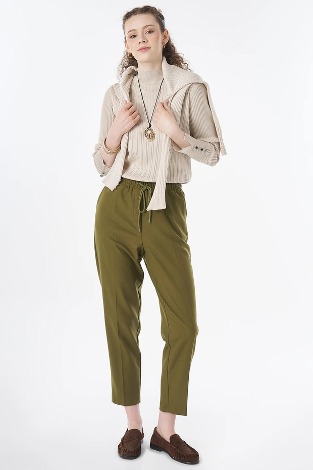 Elastic Waist Tied Trousers Oliv