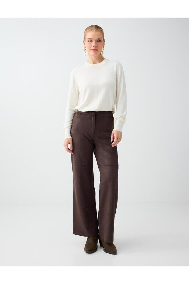 Bitter Brown Pocket Detailed Wide Leg Suede Trousers