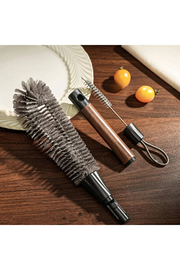 2-in-1 Jar Brush - Detachable Straw Brush - Walnut Wood Patterned Handle