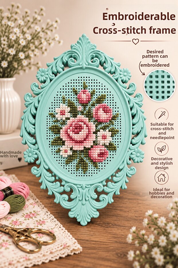 Workable Cross Stitch Frame Water Green, Decorative Embroidery Hoop 12X8Cm