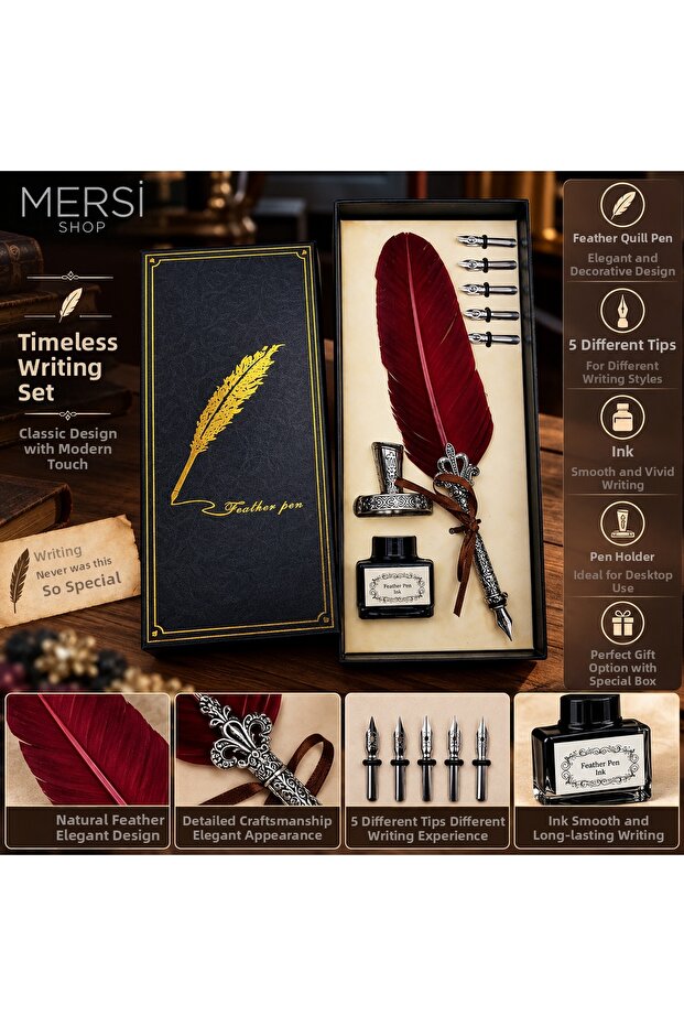 Feathered Dip Pen Set with 5 Different Nibs and Ink, Special Box with Desktop Pen Holder
