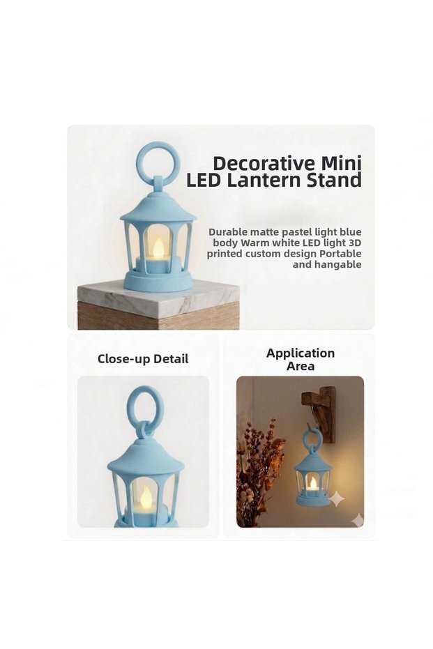 Decorative Lantern Mini Pedestal - Modern Desktop Lighting with Led Candle - Authentic Ambient Lighting - Light Blue