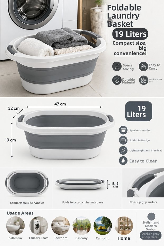Foldable Laundry Basket 19 Liters – Silicone Folding Tub Multi-Purpose Bath and Toy Tub