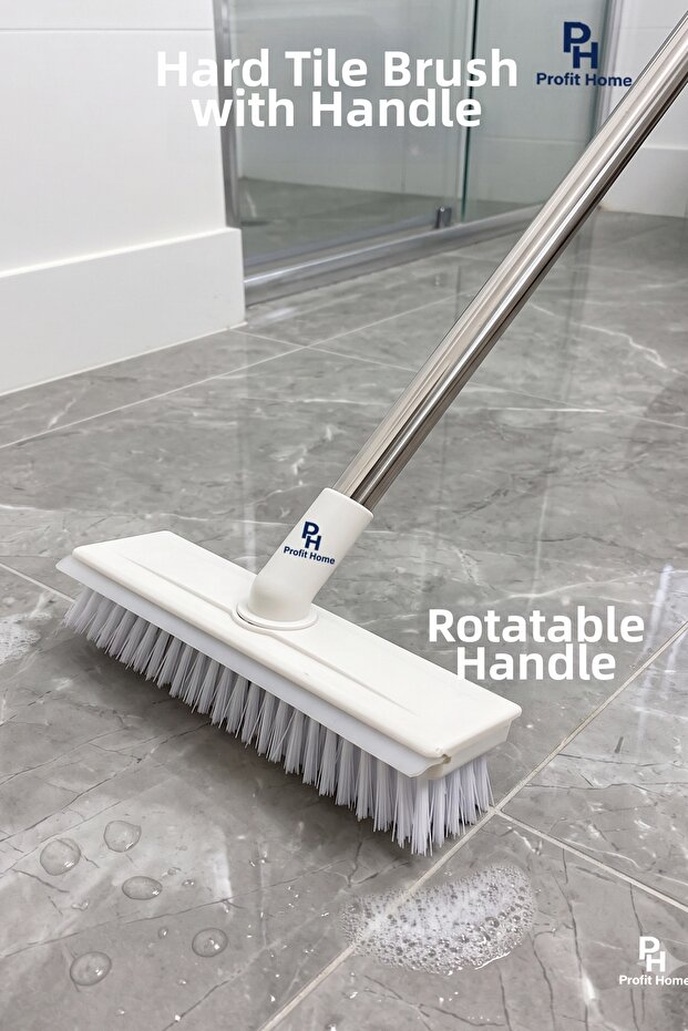 Hard Tile Brush with Squeegee, Bathroom Brush with Rotatable Head and Squeegee Feature