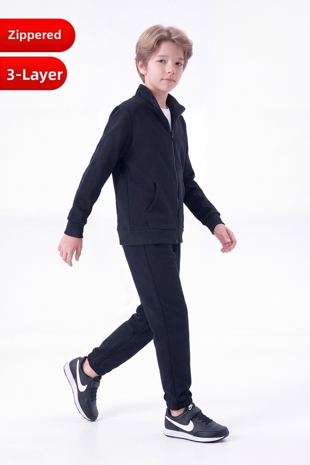 Boy's Basic Zippered Stand Collar Double Pocket Tracksuit Set