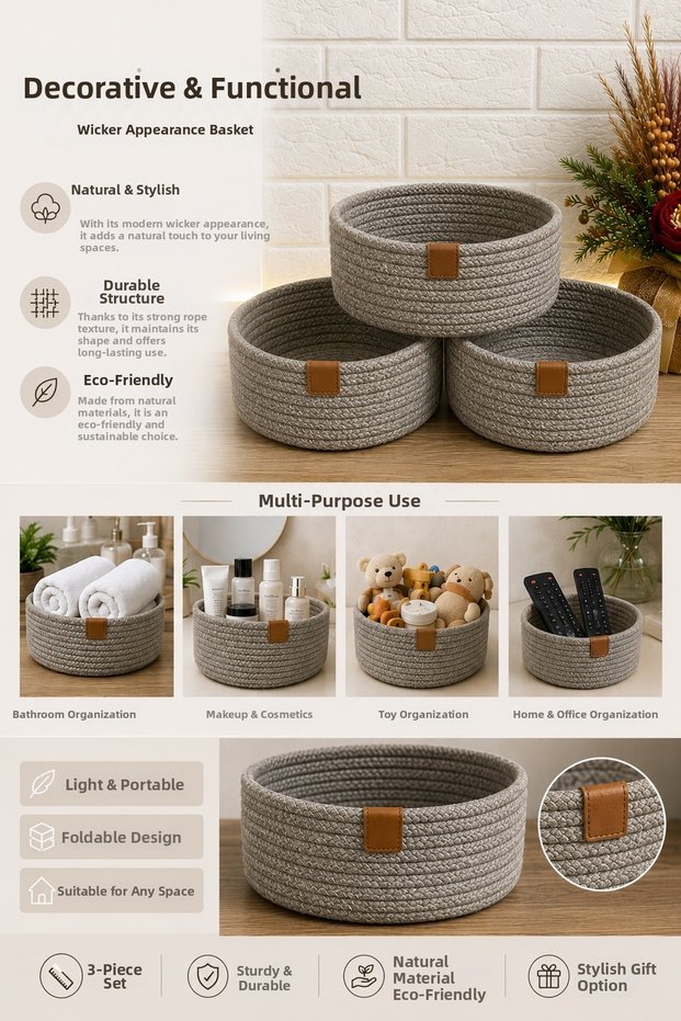 3-Piece Basket Hand Woven Presentation Organizer Round Jute Wicker Basket Set Bathroom Organizer Jewelry Box Closet Organization Bedroom