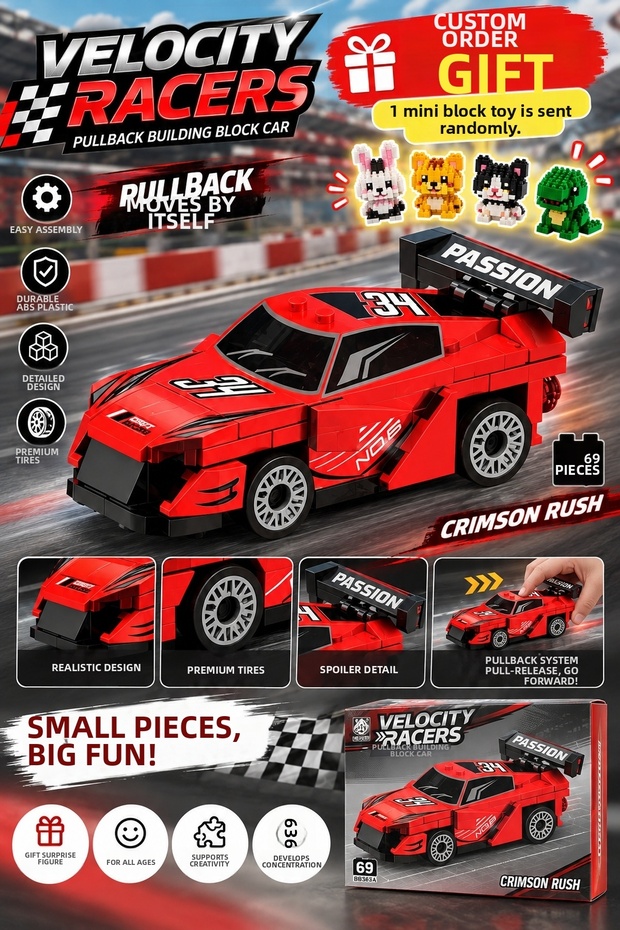 69 Piece Pullback Mechanism Sports Car Block Set – with Exclusive Gift