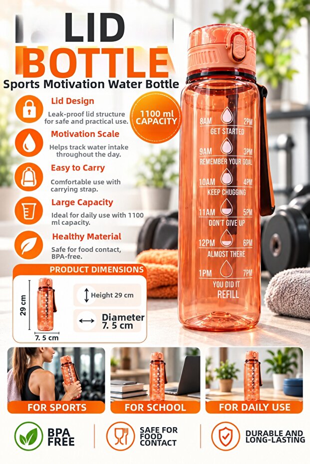 1100 ml Motivational Sports Water Bottle with Durable Body