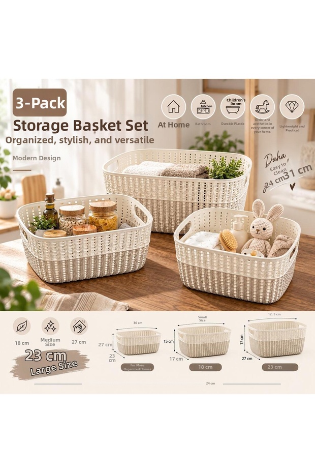 3-Piece Knitted Patterned Storage Basket – Small, Medium, Large Size Set