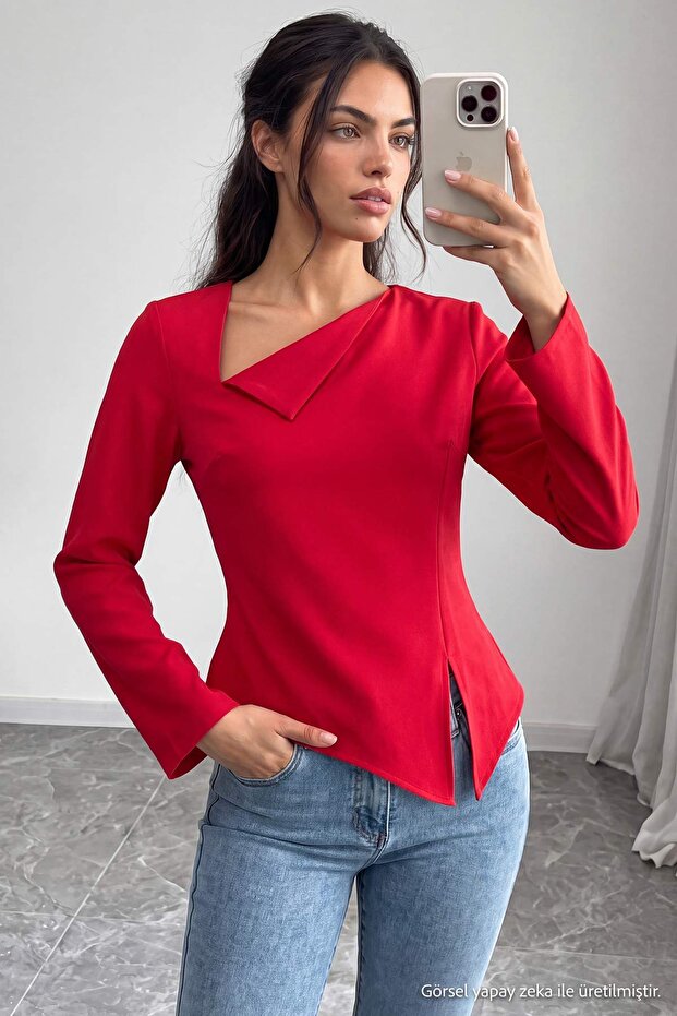 Kırmızı Kuşgözü Detaylı Dokuma Bluz TWOAW27BZ00226