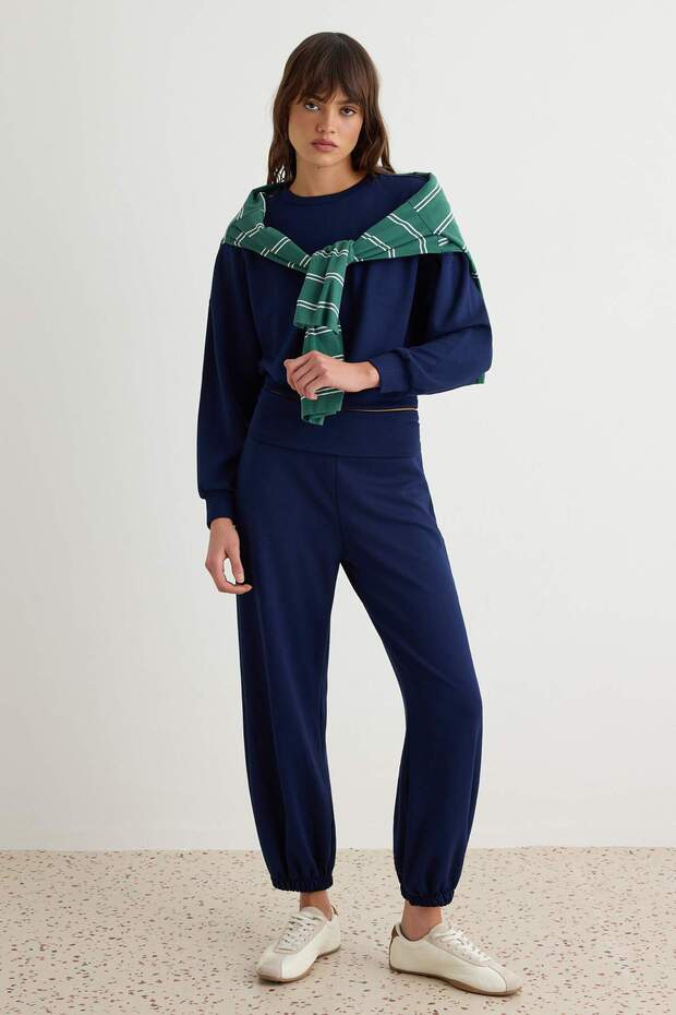 Navy Blue Elastic Leg Soft/Soft Touch Flexible Knitted Bottom - Top Set Twoaw27Au00130