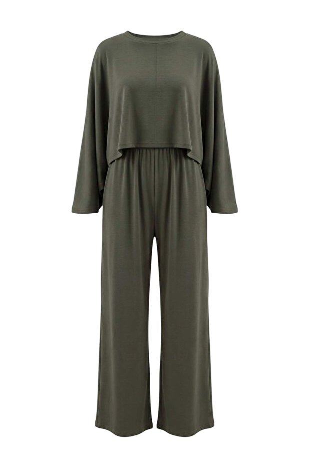 Haki Düz Oversize/Geniş Kalıp Geniş Paça Soft/Yumuşak Dokunuşlu Örme Alt - Üst Takım TWOAW27AU00128
