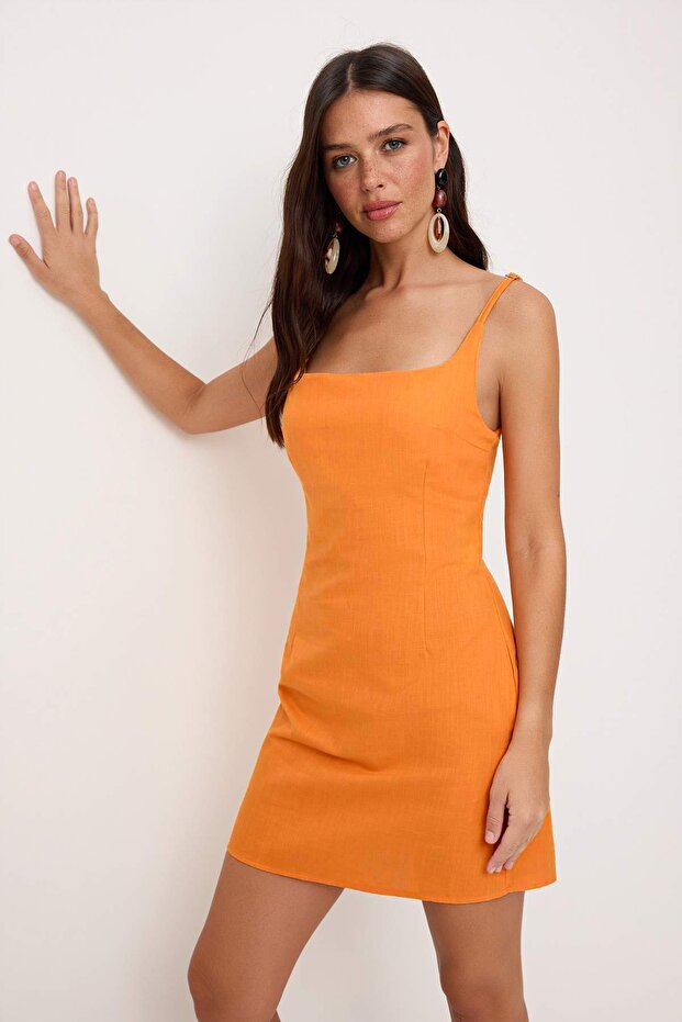 Orange Thin Straps Short / Mini Straight Cut Woven Dress Twoss26El00686