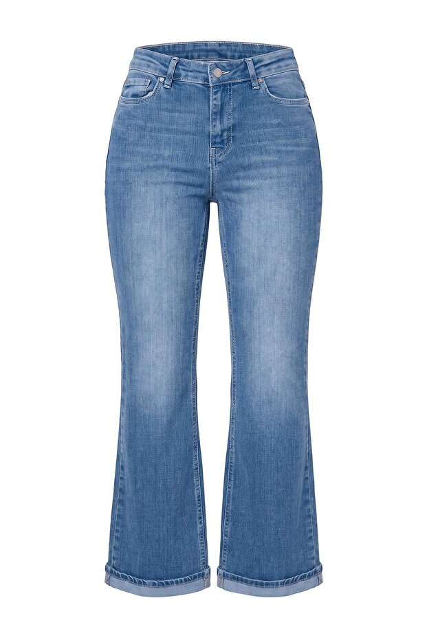 Premium Mavi Orta Esnek Düşük Bel İspanyol Paça Flare Jeans TWOAW27JE00204