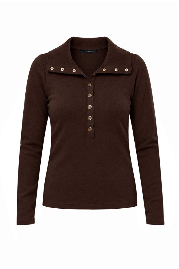 Kahverengi Düğmeil Nakışlı Selanik Regular Polo Yaka Örme Sweatshirt TWOAW27SW00180