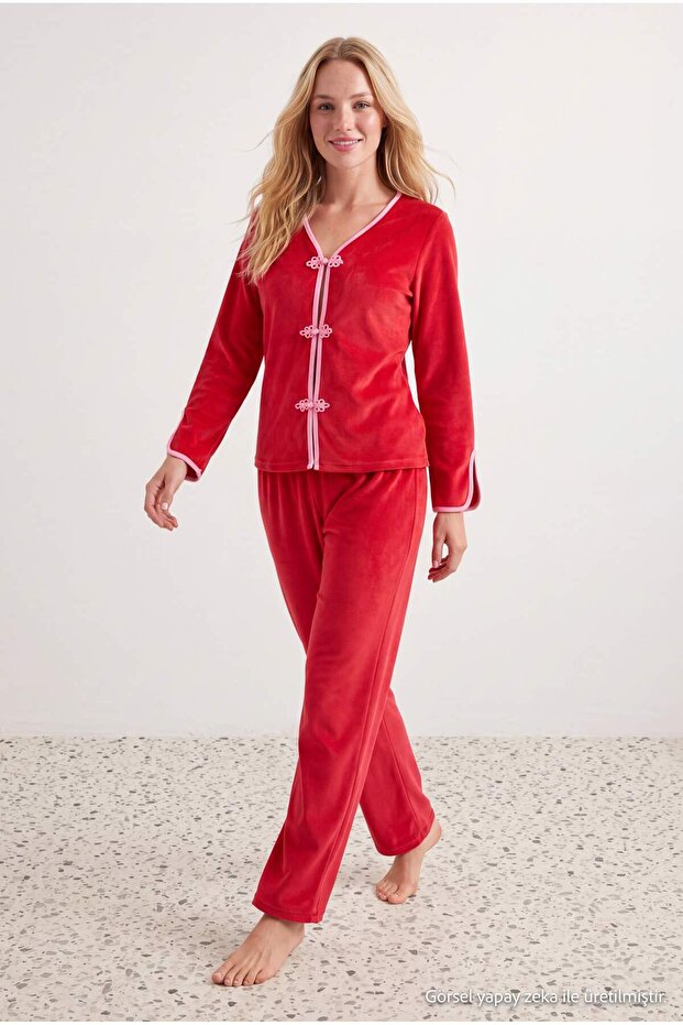 Red Chinese Button Knitted Pajama Set Thmaw27Pt00154