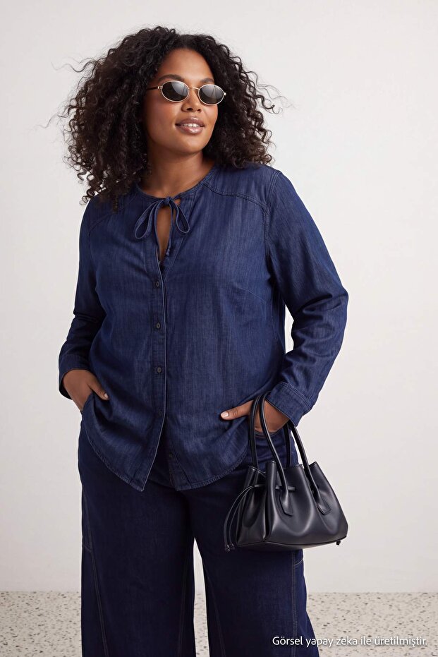 Dark Blue Crew Neck Flowy Denim Oversized Shirt Tbbaw27Ax00019