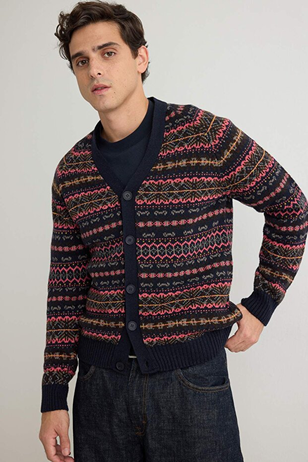 Lacivert Slim Fit Yünlü V Yaka Jakarlı Triko Hırka TMNAW20HI0029
