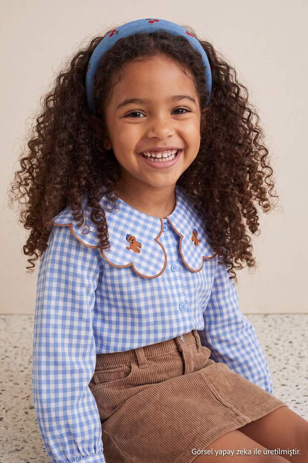 Blue Girl's Baby Collar Embroidered Long Shirt Tkdaw27Go00004