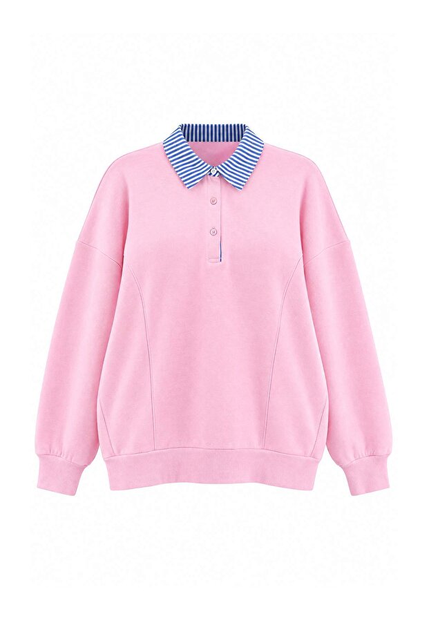 Pembe Dokuma Garni Detaylı Oversize Kalıp Polo Yaka Kalın Polarlı Örme Sweatshirt