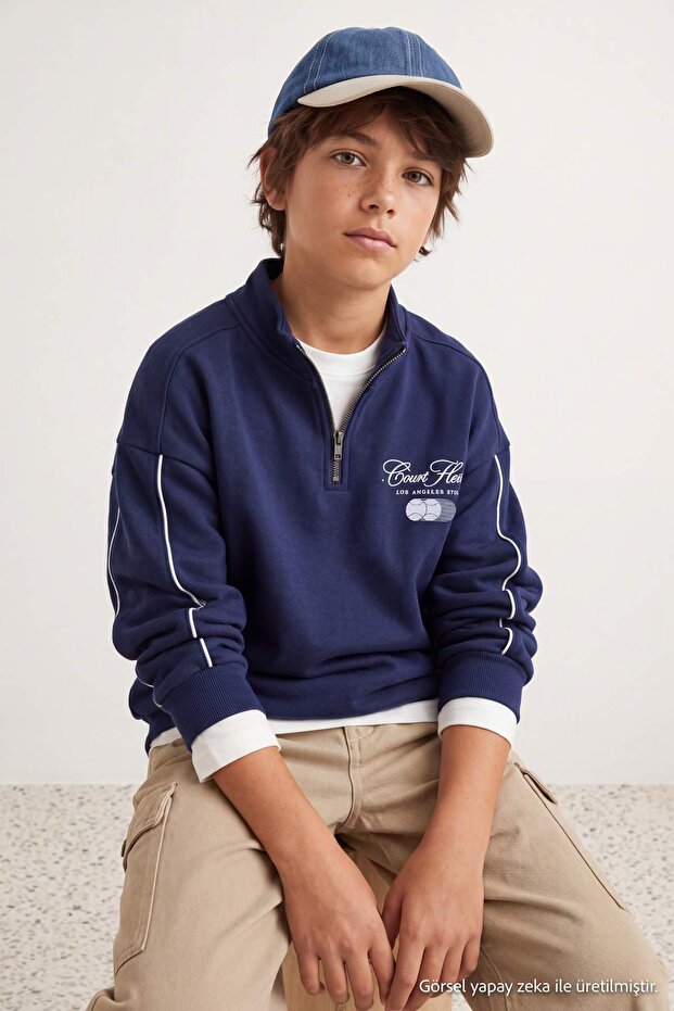 Navy Blue Boys' Printed Knitted Sweatshirt Tkdaw27Sw00015