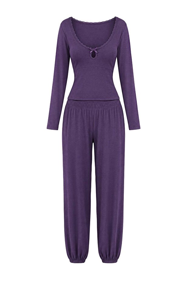 Mor Dantel Detaylı Viskon Fitilli Örme Pijama Takımı THMAW27PT00236