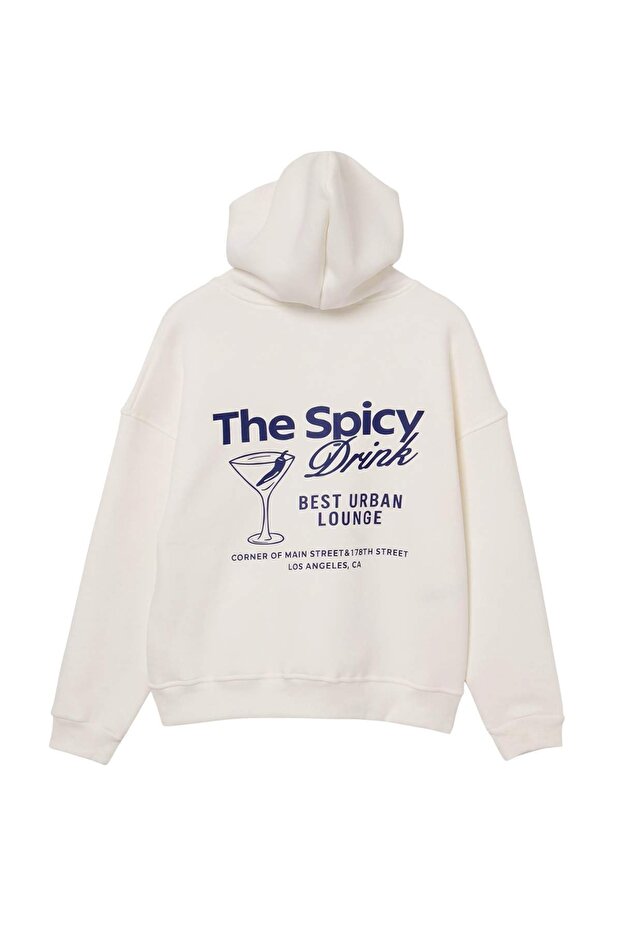 Ekru Spicy İçecek Baskılı Kalın Oversize/Geniş Kesim Kapüşonlu Örme Sweatshirt TWOAW27SW00151