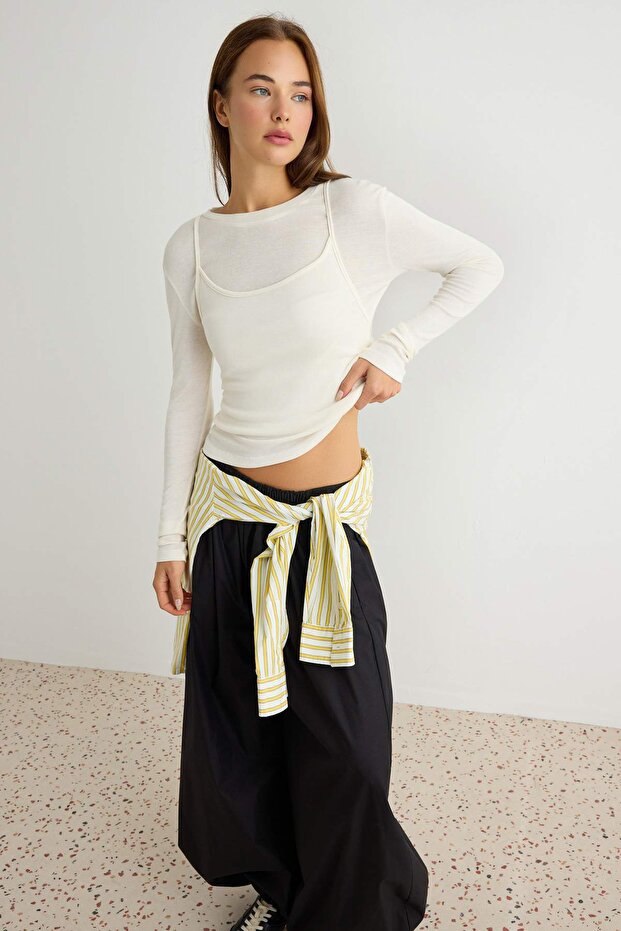 More Sustainable Ekru Kaşmir Karışımlı Transparan Çift Katlı Fitted Örme Bluz TWOAW27BZ00109