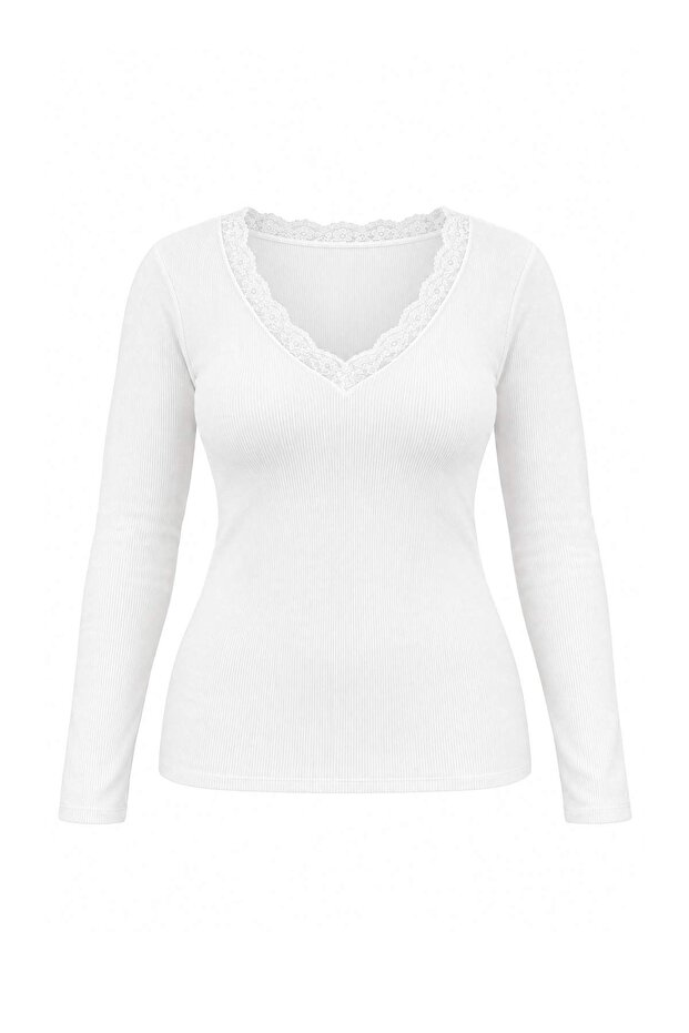 Ekru V Yaka Dantel Detaylı Fitilli Fitted/Vücuda Oturan Pamuklu Esnek Örme Bluz TBBAW26AF00124