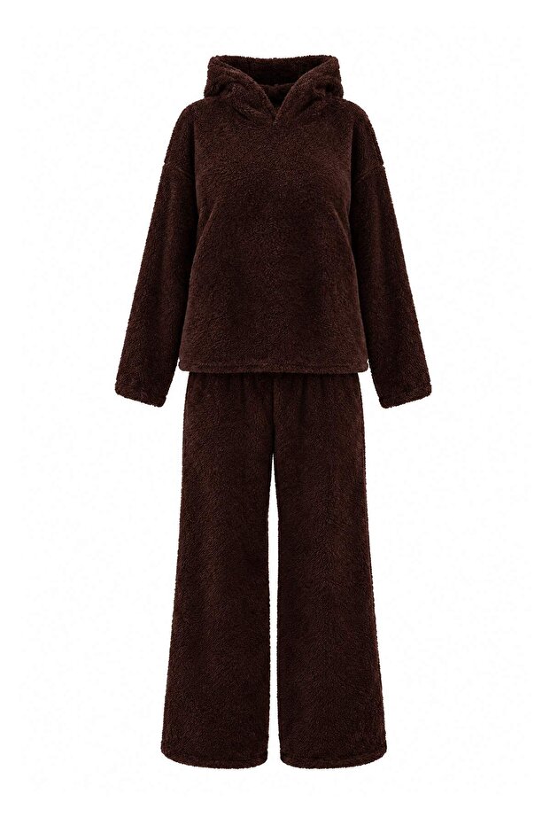 Brown Hooded and Embroidered Wellsoft Winter Knitted Pajama Set Thmaw25Pt00143