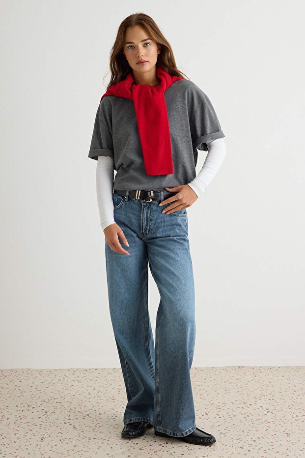 Koyu Mavi Düşük Bel Wide Leg/Geniş 100% Pamuk Paça Jeans TWOAW26JE00001