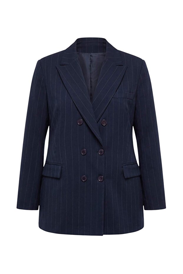 Navy Blue Oversize Striped Double Breasted Closure Plus Size Jacket Tbbaw27Ag00016