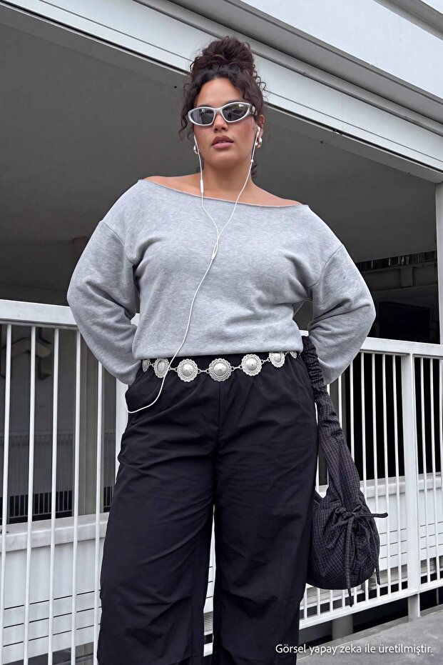 Gri Melanj Kayık Yaka Büyük Beden Sweatshirt TBBAW27AO00014